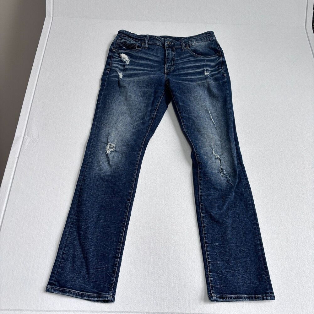 BKE Jake Straight Jean Mens 34x34 Dark Wash Distressed Whiskers Straight Leg